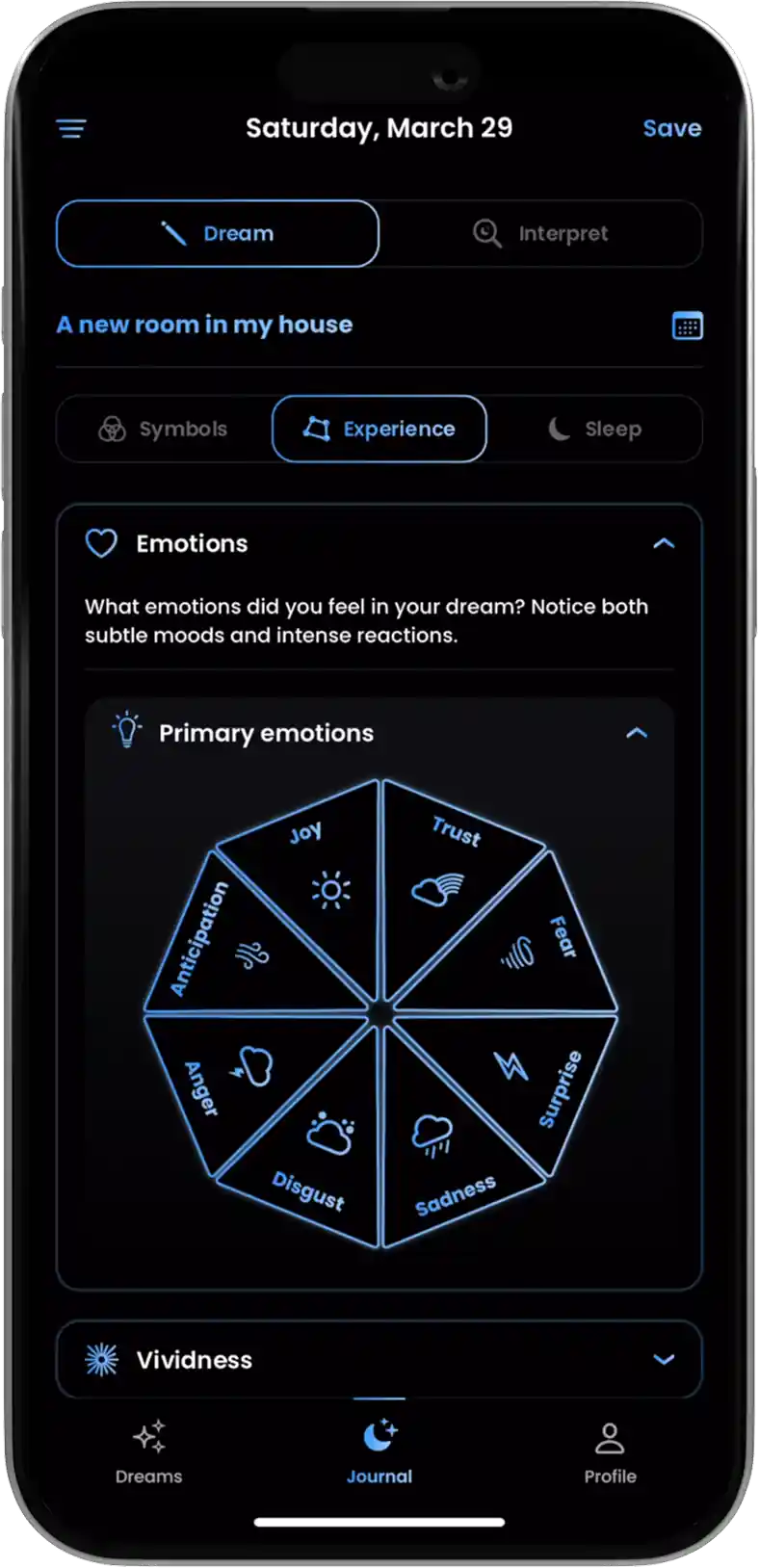 The dream tracker's emotional wheel feature for detailing the content of a dream